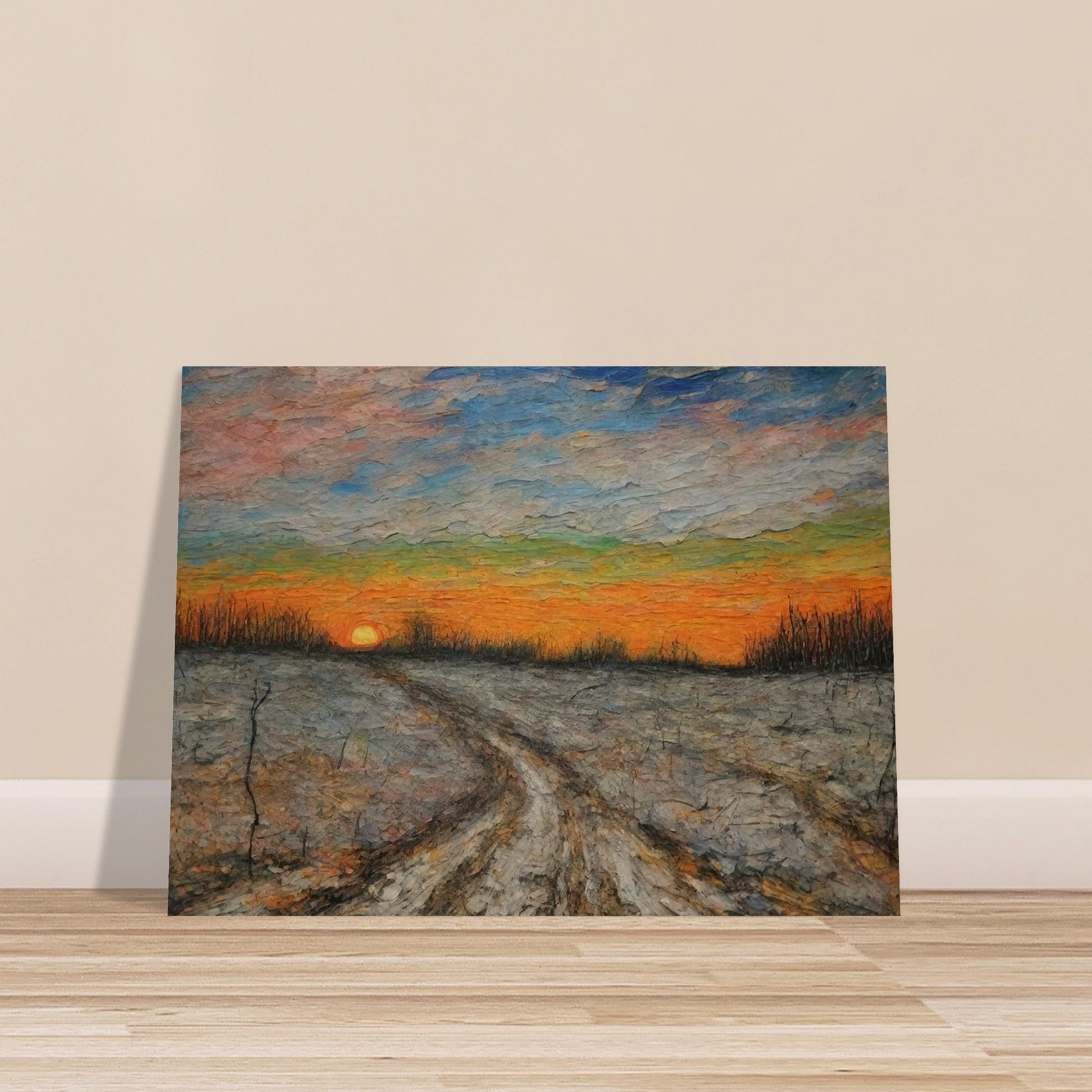 A painting of a winding dirt road at sunset, with vibrant colors filling the sky and bare trees lining the landscape.