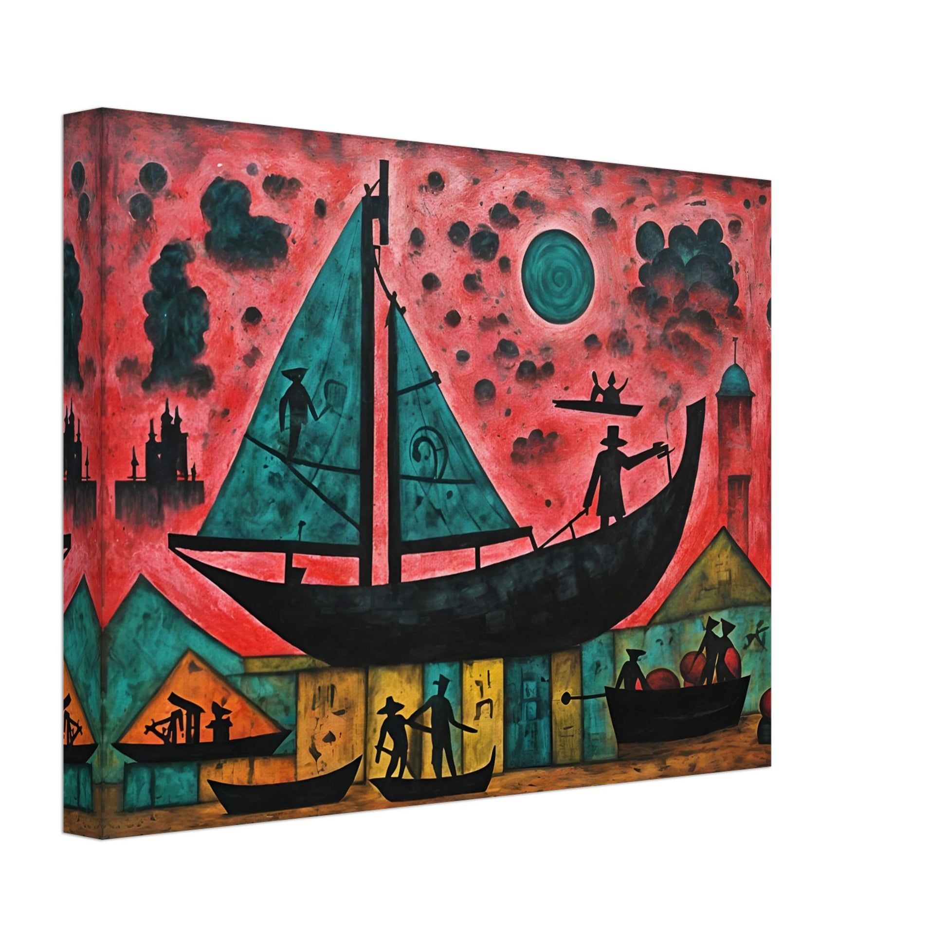 A surreal painting of silhouetted figures on boats against a red sky, featuring dark teal sails, mysterious buildings, and a glowing moon.