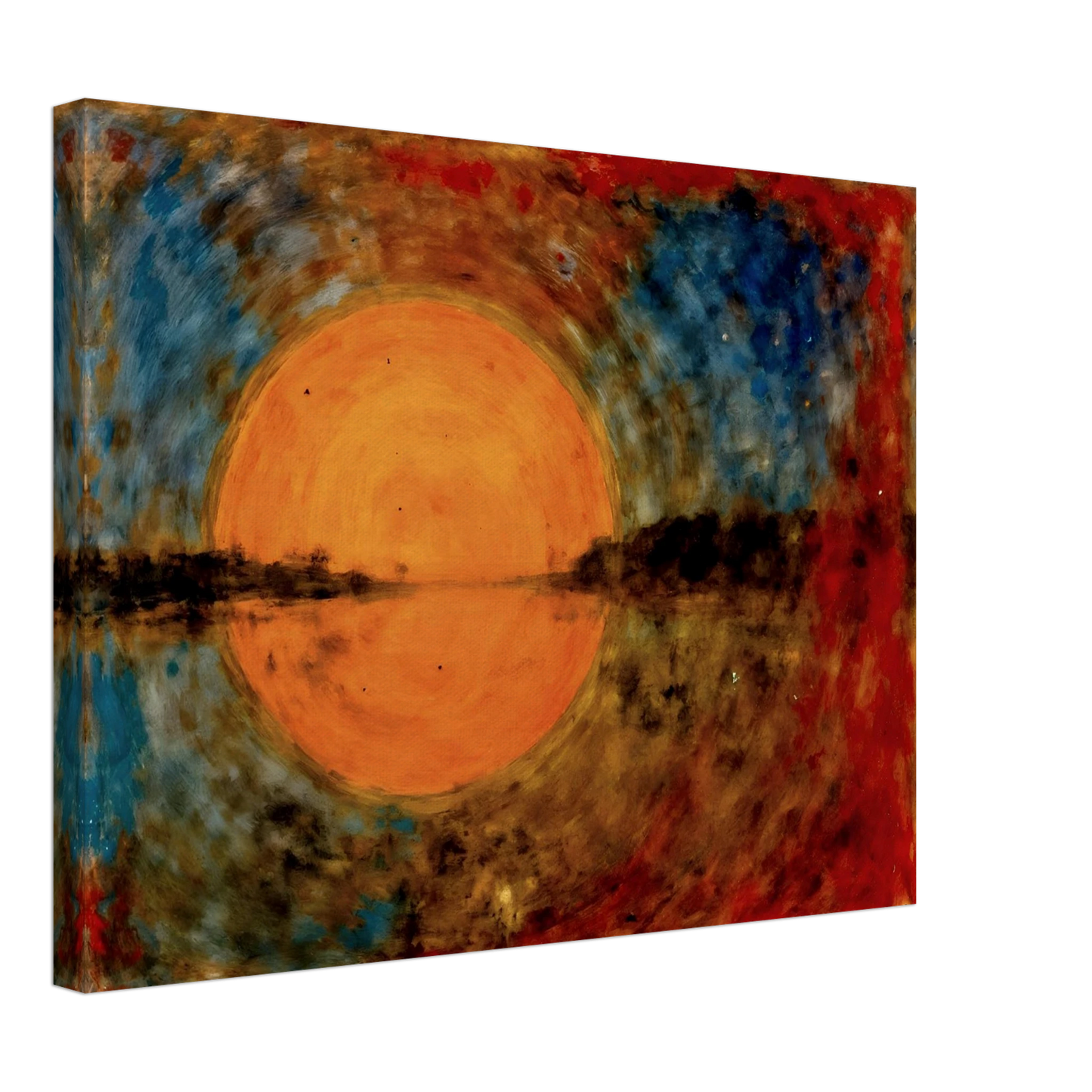 A radiant orange sun glows over reflective waters, framed by fiery reds, deep blues, and textured skies in a dreamlike scene.