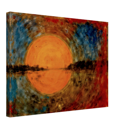A radiant orange sun glows over reflective waters, framed by fiery reds, deep blues, and textured skies in a dreamlike scene.