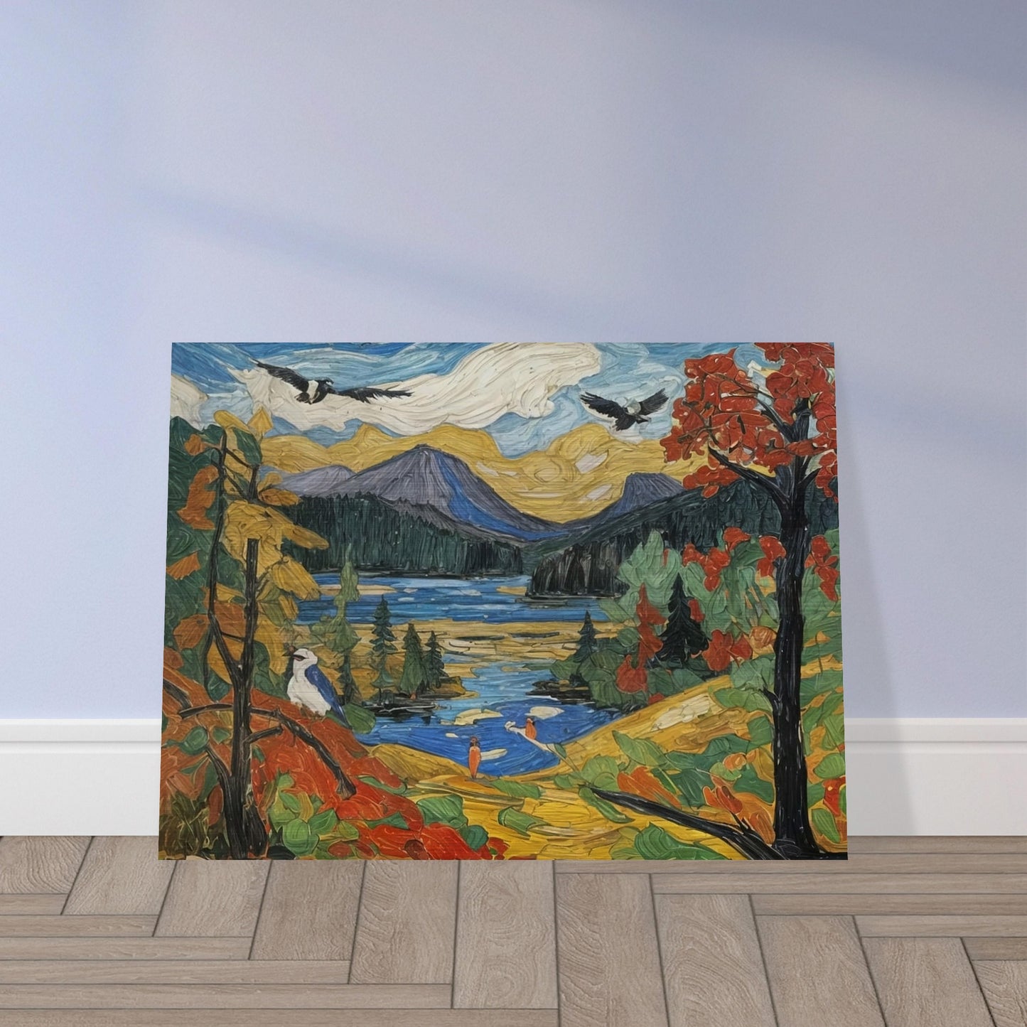 "A colorful autumn landscape featuring a mountain lake, vibrant trees, birds in flight, and a serene nature scene under a golden sky."