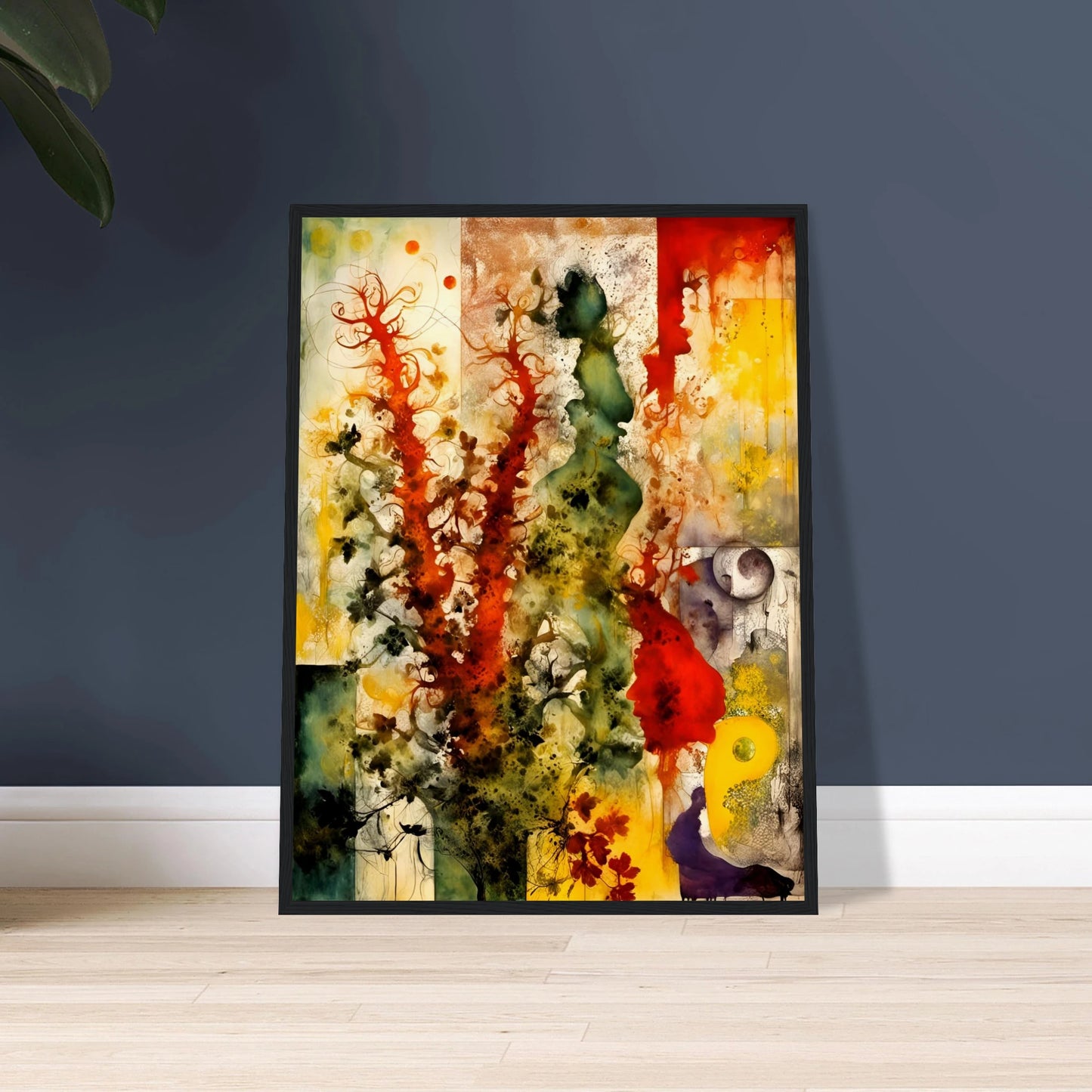 Vivid bursts of red, green, and yellow flow across abstract silhouettes and flora in a dreamlike, nature-inspired composition.