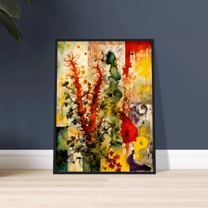 Vivid bursts of red, green, and yellow flow across abstract silhouettes and flora in a dreamlike, nature-inspired composition.