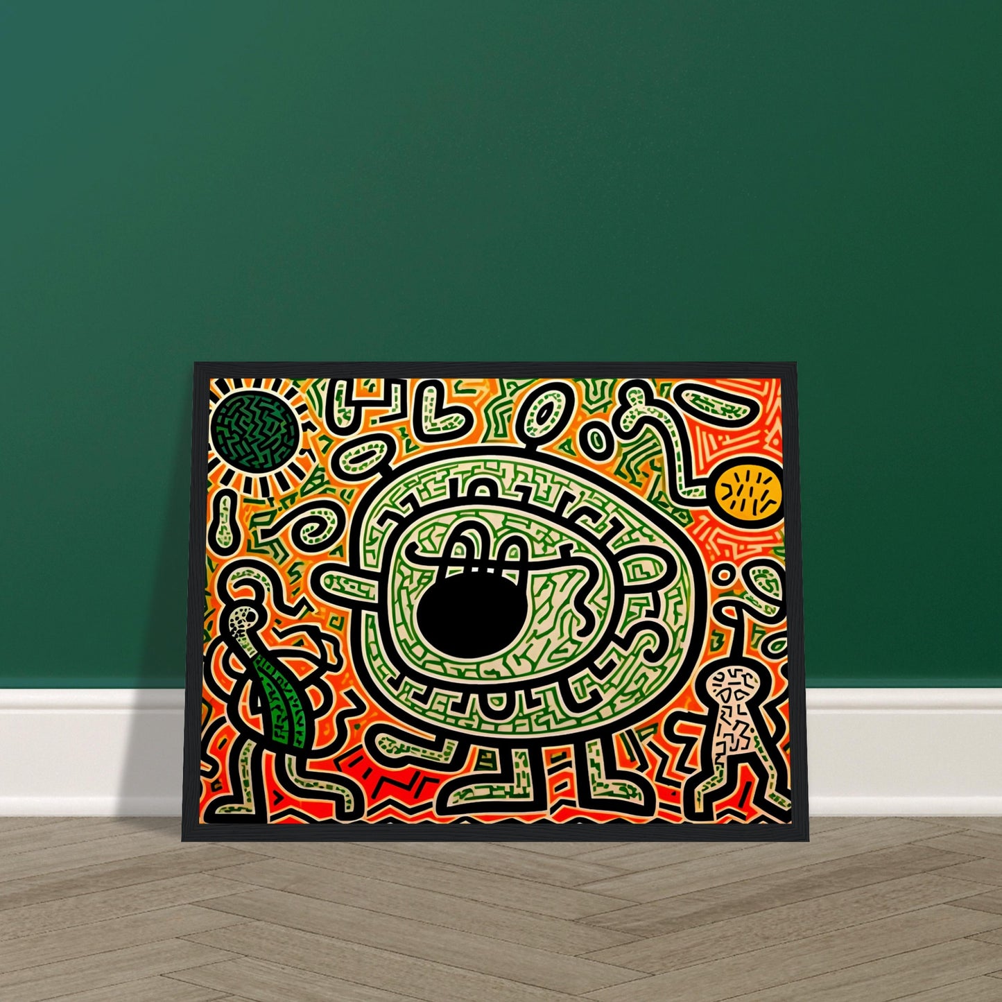 A graffiti-inspired digital artwork featuring a large green eye-like figure surrounded by bold black outlines, intricate patterns, and vibrant neon hues of green, red, and orange.