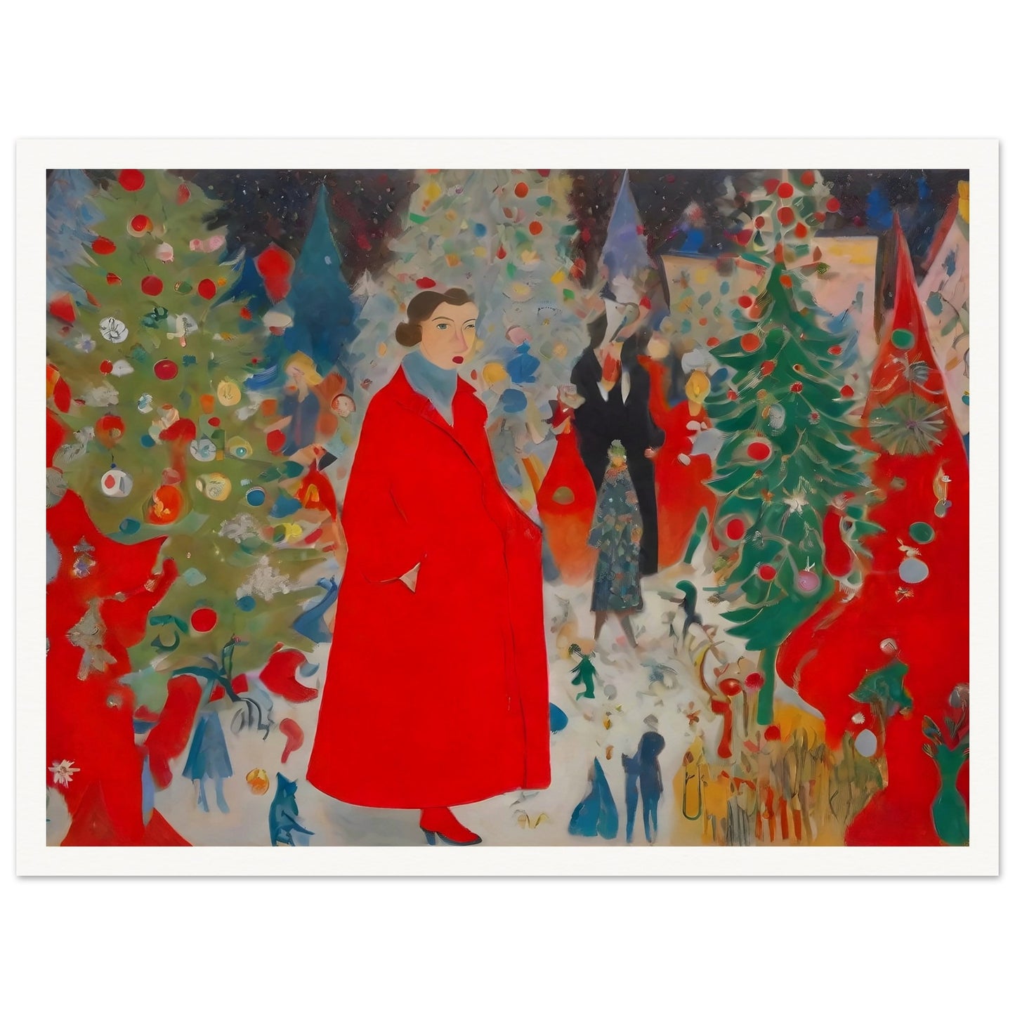 An expressive festive scene featuring a woman in a bold red coat surrounded by decorated Christmas trees and a lively holiday crowd.