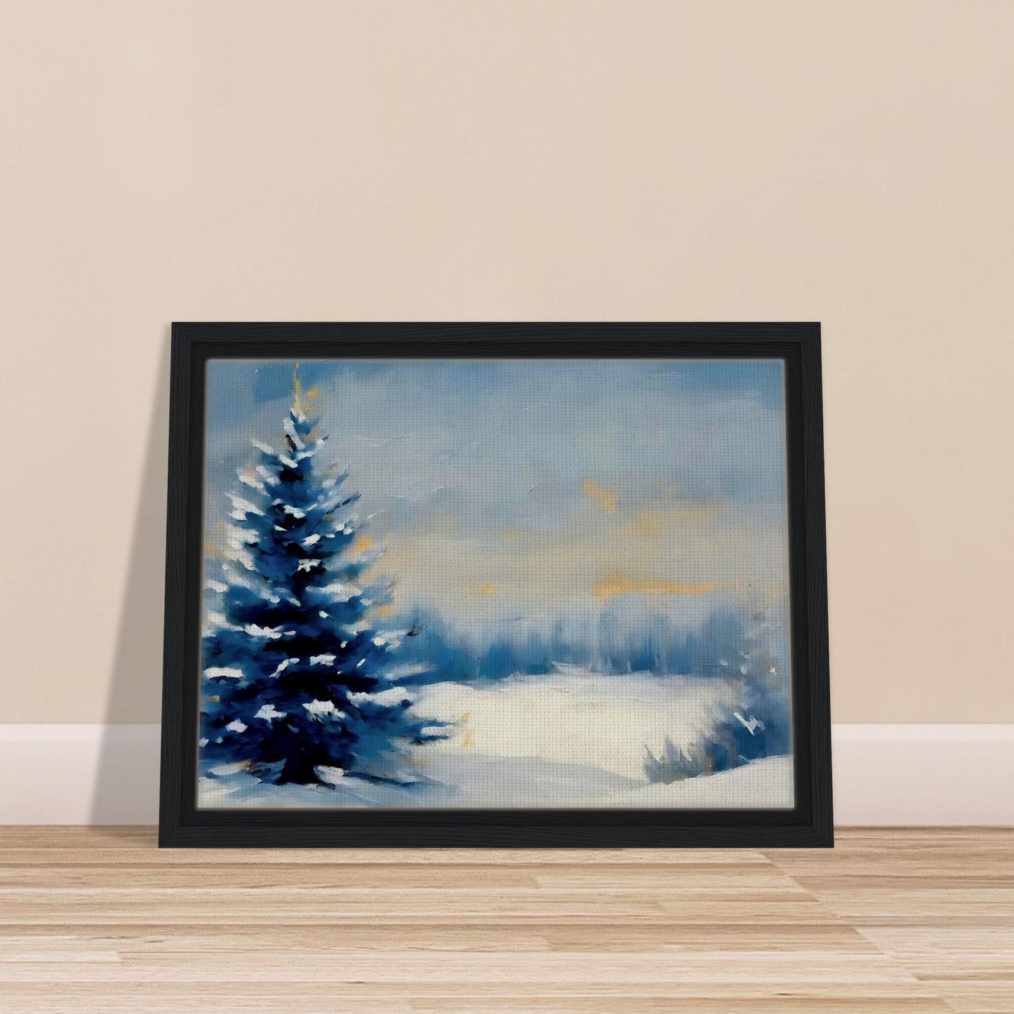 A peaceful winter landscape featuring a lone snow-covered pine tree in a vast snowy field, under a soft, hazy blue and golden sky.