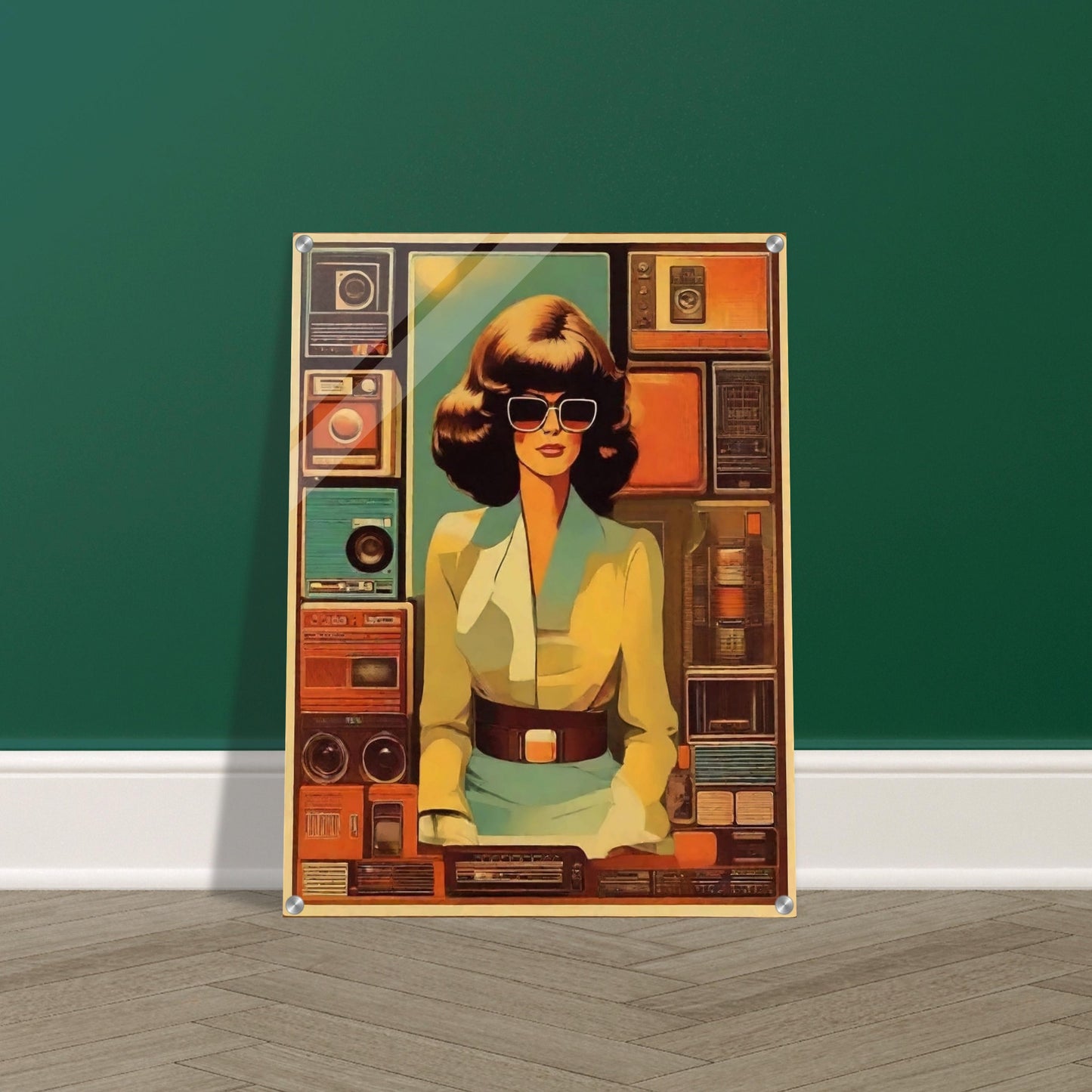 A stylish woman with large sunglasses stands in front of a backdrop filled with vintage radios and cassette players, evoking a retro vibe.