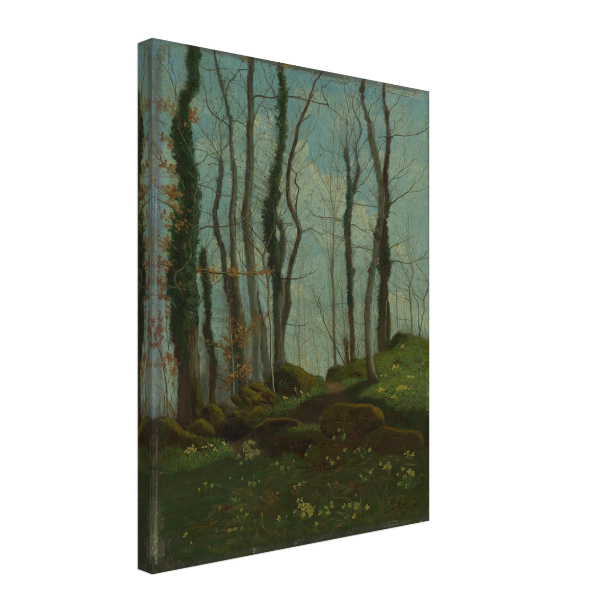 A quiet woodland lane winds through tall trees, mossy rocks, and small flowers under a blue-green sky.