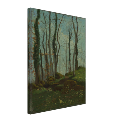 A quiet woodland lane winds through tall trees, mossy rocks, and small flowers under a blue-green sky.