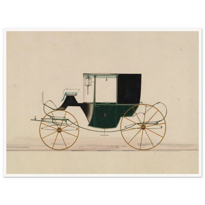 A green and black brougham carriage with yellow wheels is shown in side profile on a pale ground.