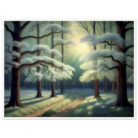 A tranquil forest path curves under flowering trees bathed in morning light, casting soft shadows across mossy ground.