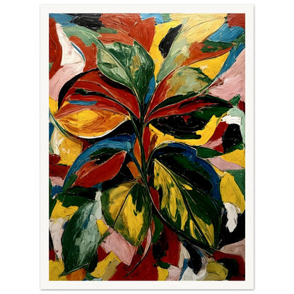 A bold and textured painting of vibrant leaves in dynamic shades of green, red, yellow, and orange, set against an abstract colorful background.