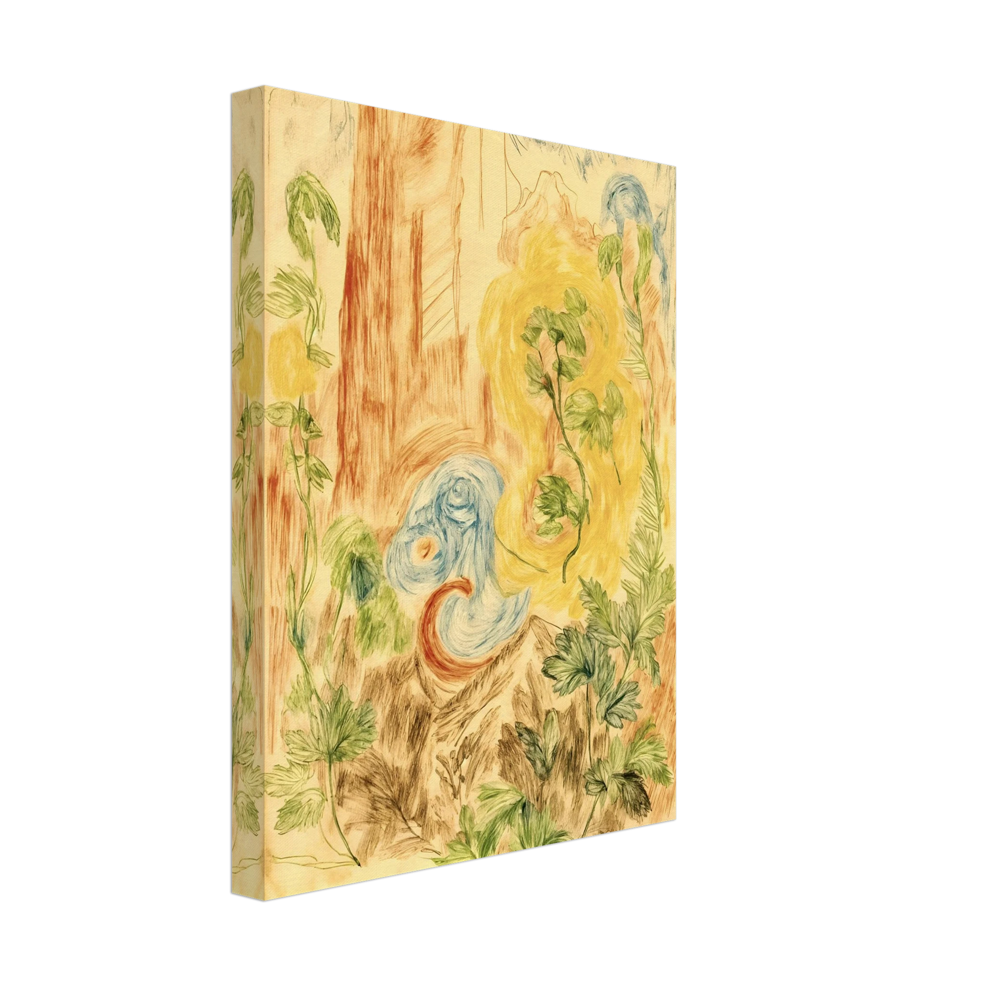 Delicate botanical sketches and flowing abstract forms intertwine in soft greens, golds, and blues across a dreamlike woodland-inspired composition.