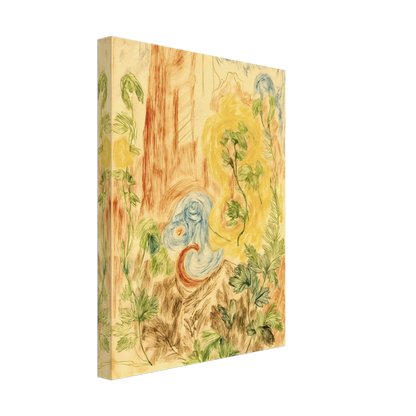 Delicate botanical sketches and flowing abstract forms intertwine in soft greens, golds, and blues across a dreamlike woodland-inspired composition.