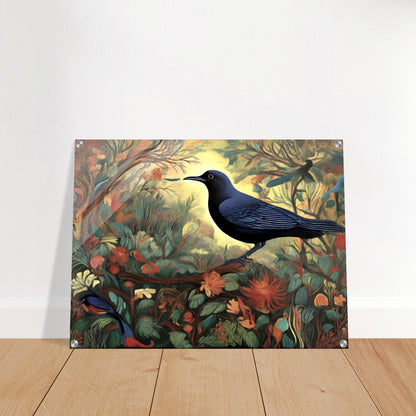 A stunning painting of a black bird with blue undertones perched amidst a vibrant forest of flowers and leaves, illuminated by a glowing golden light in the background.