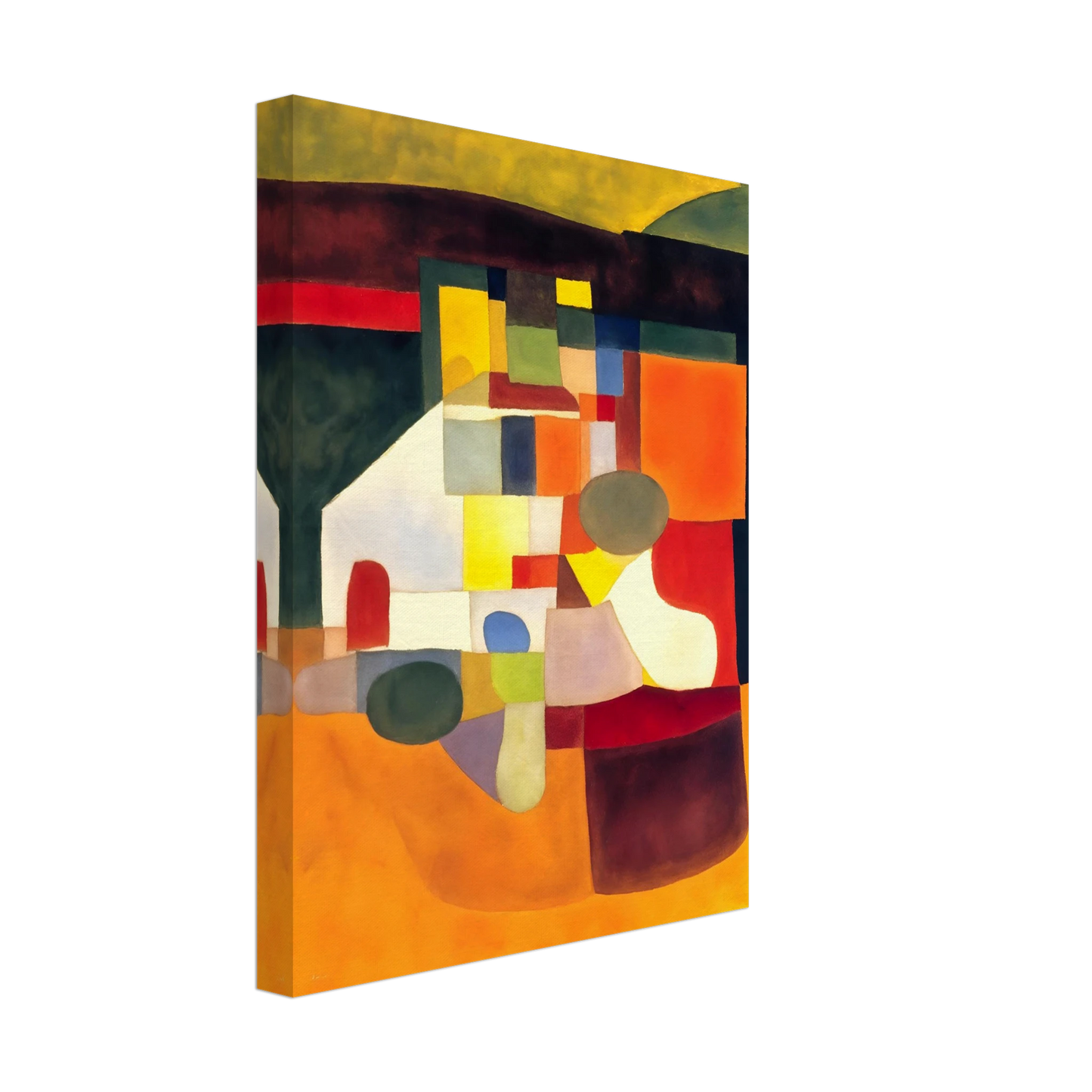 A cubist-inspired artwork of bold orange, yellow, and green shapes forming an abstract landscape of color and form.