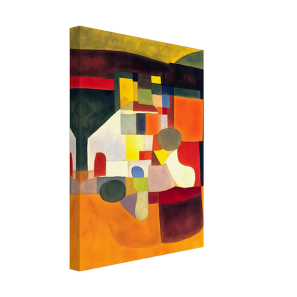 A cubist-inspired artwork of bold orange, yellow, and green shapes forming an abstract landscape of color and form.