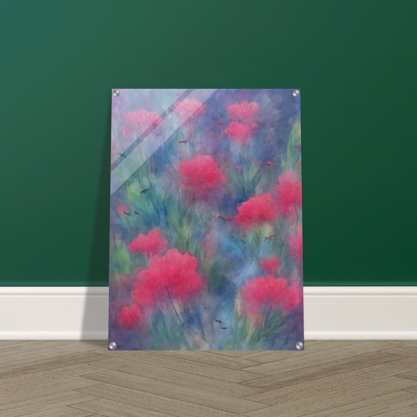 A soft-focus painting of vibrant pink flowers amidst a dreamy, blue and green background with delicate, scattered birds.