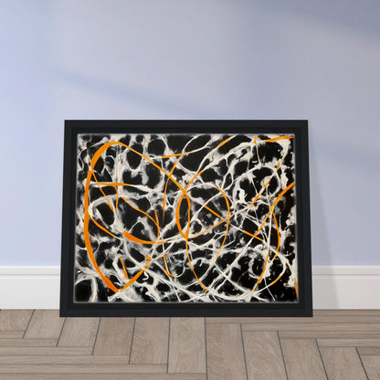 Dynamic black and white background with vibrant orange lines intertwining, creating an energetic and chaotic web of movement.