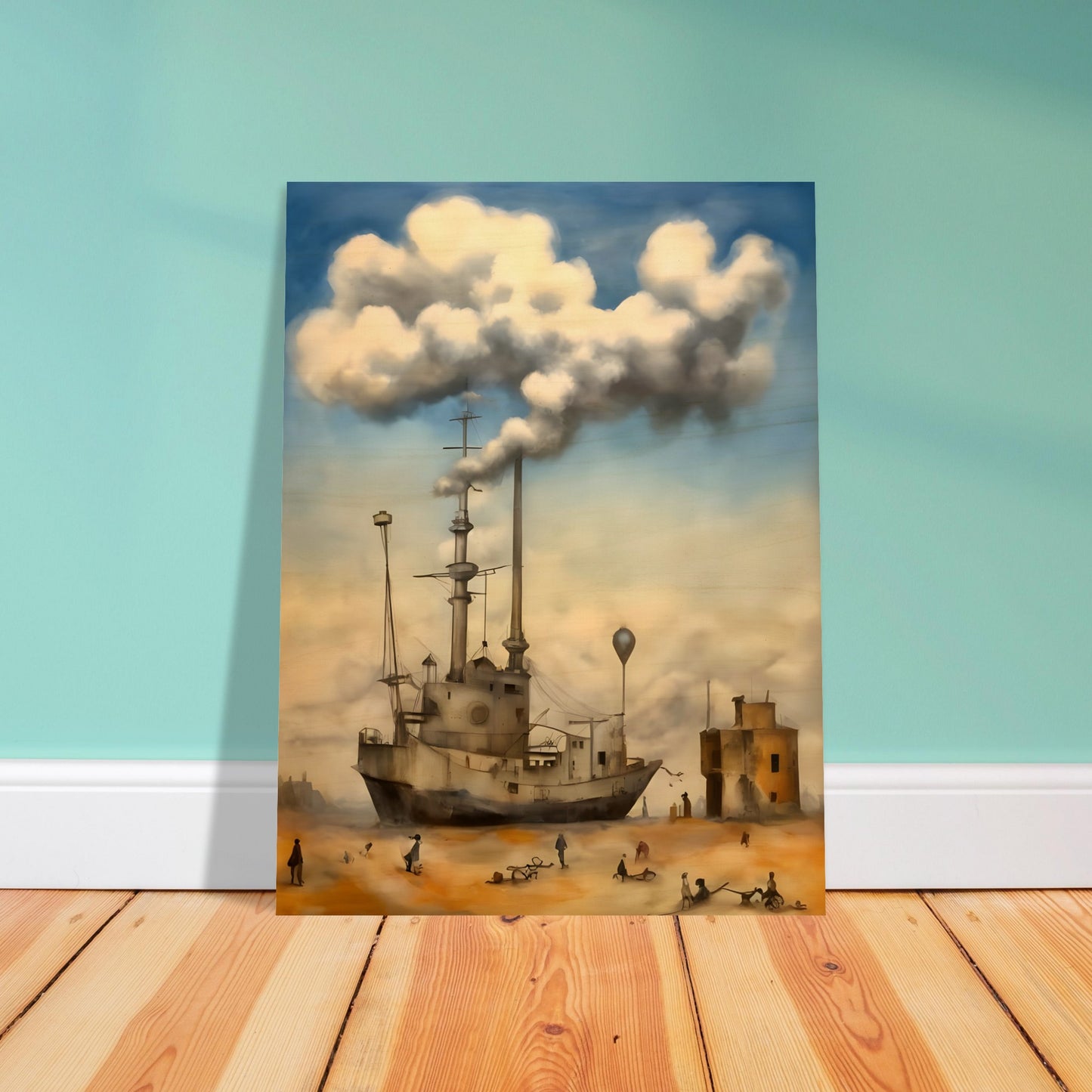 A surreal painting of a ship stranded in a desert, with smokestacks blending into massive, fluffy clouds, as small figures wander the sandy landscape beneath a dreamy sky.