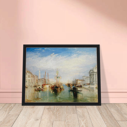 Gondolas and sailing boats fill Venice’s Grand Canal beneath a bright blue sky and luminous clouds.