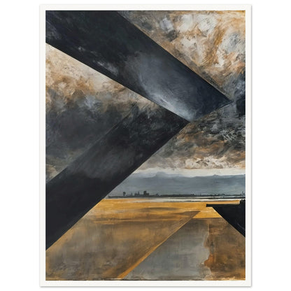 A painting featuring large geometric black shapes over a landscape with a distant industrial skyline and dramatic sky.