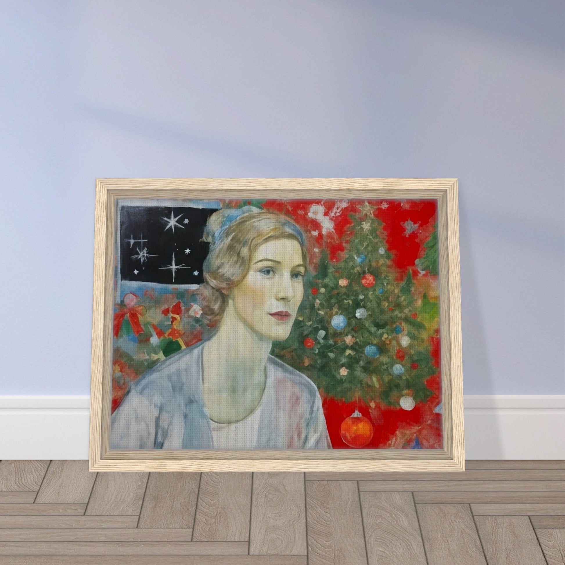 A thoughtful woman gazes forward, framed by a vibrant Christmas scene with a decorated tree, stars, and festive ornaments on a red background, capturing holiday nostalgia.