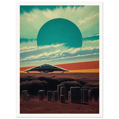 A futuristic landscape with a sleek spaceship hovering above a barren terrain, under a massive sunburst sky with a large teal sun dominating the horizon.