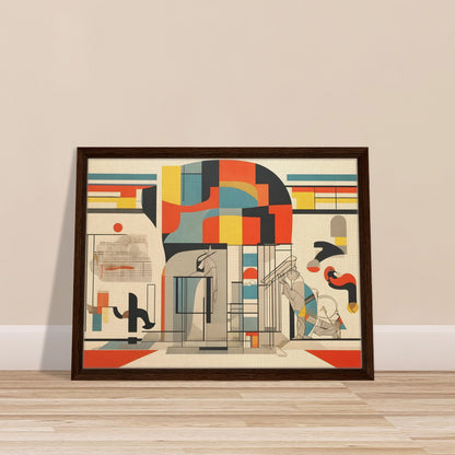 A vibrant abstract artwork with geometric shapes and architectural elements in bold colors like red, yellow, blue, and beige, creating a layered and modern composition.