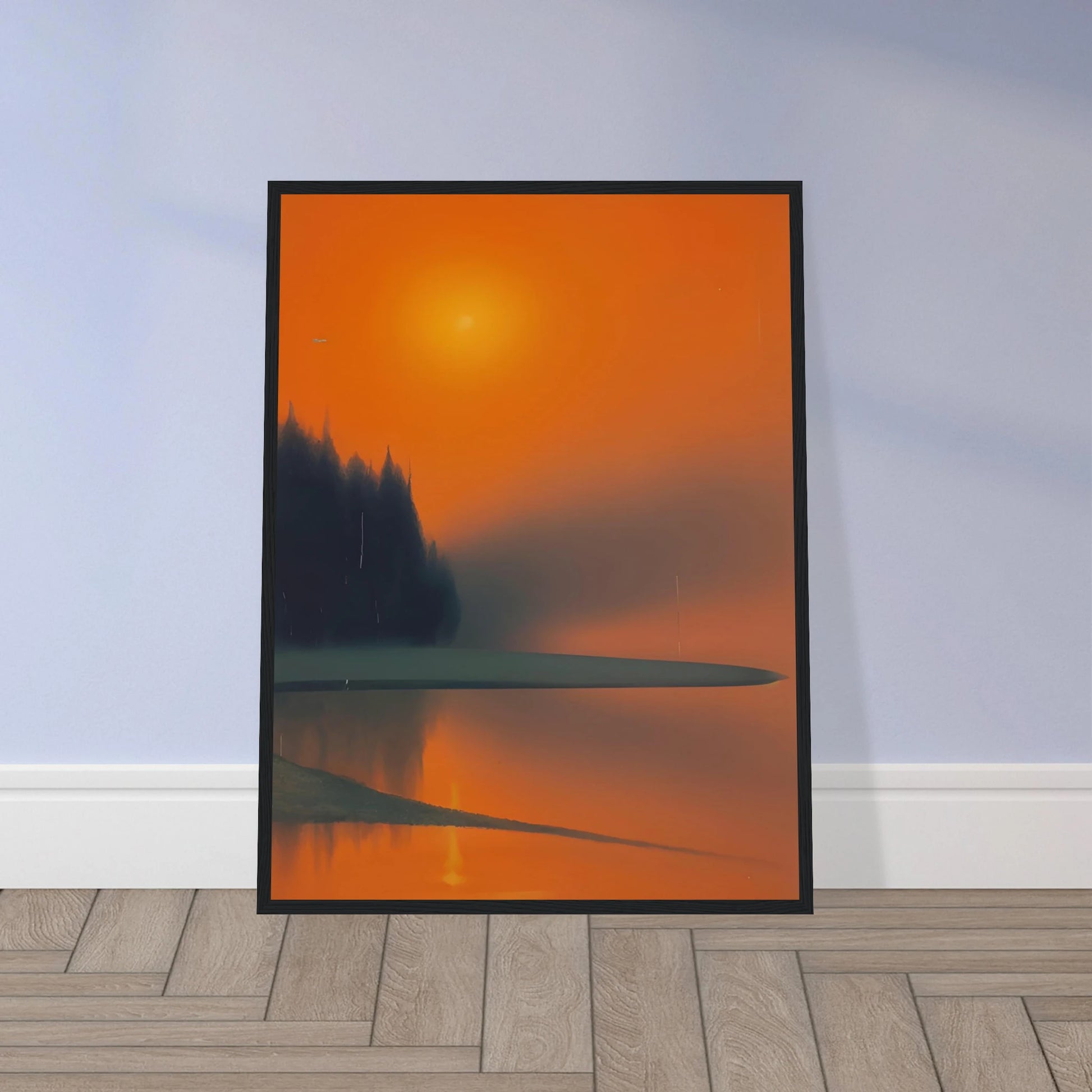 A misty lakeside at sunset, glowing in deep orange and shadowed green tones, evoking quiet beauty and fading warmth.