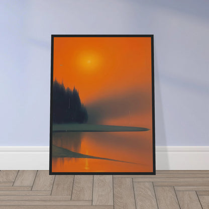 A misty lakeside at sunset, glowing in deep orange and shadowed green tones, evoking quiet beauty and fading warmth.