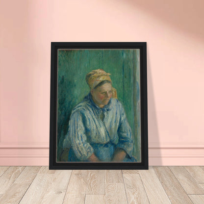 A seated washerwoman in a striped blue blouse and headscarf rests against a deep green background.