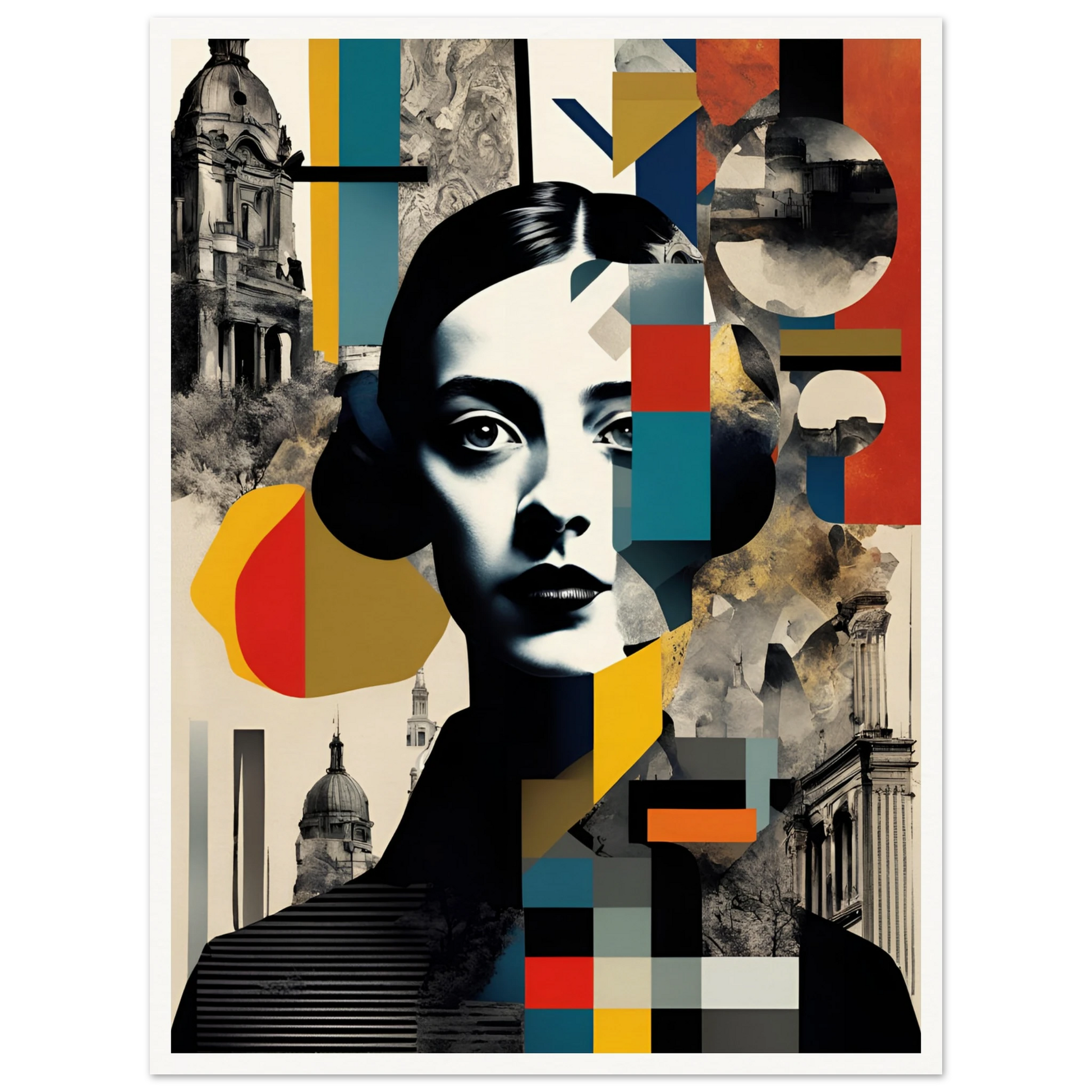 A striking portrait of a woman interwoven with geometric patterns, vintage architecture, and fragmented colors, symbolizing time and identity.