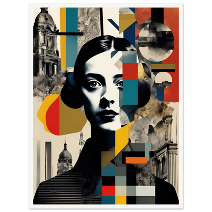 A striking portrait of a woman interwoven with geometric patterns, vintage architecture, and fragmented colors, symbolizing time and identity.
