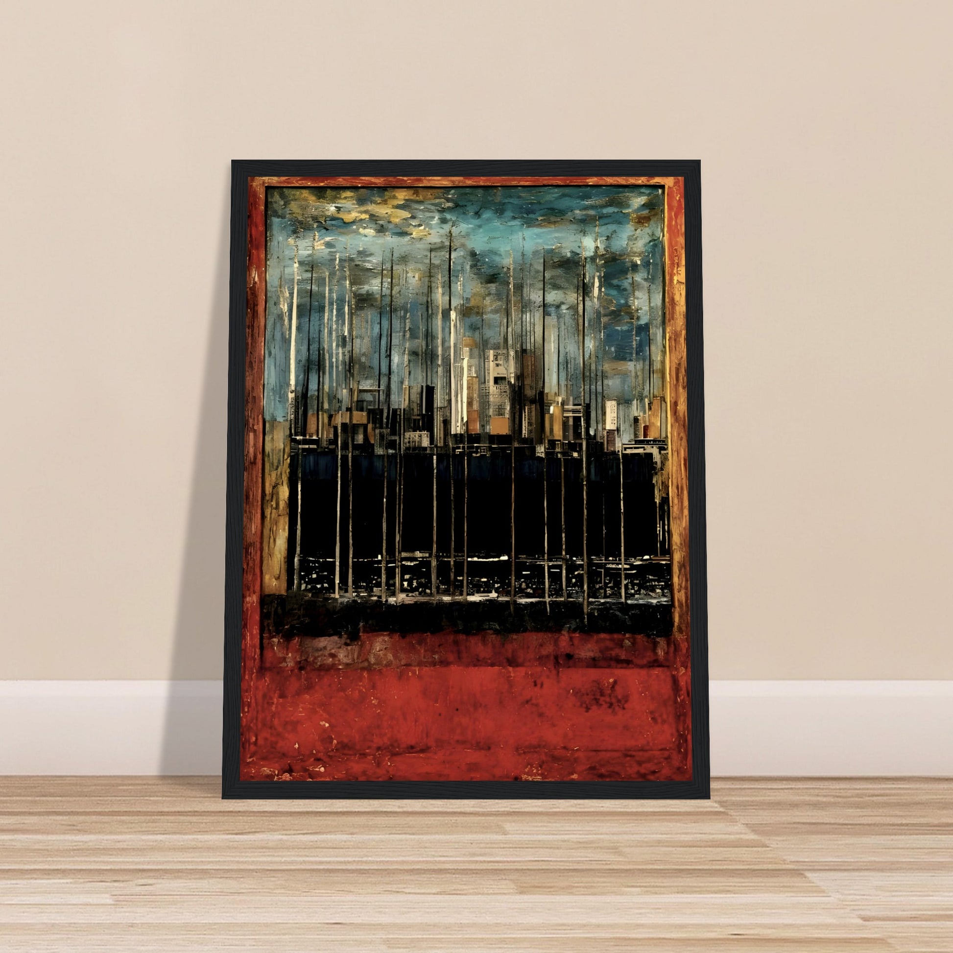 A textured cityscape with towering structures, deep red and blue hues, and an abstract urban skyline, framed in a rustic border.