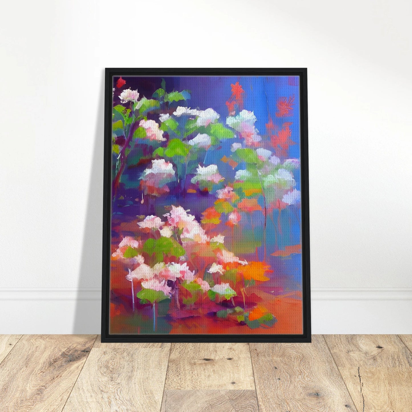 A vibrant floral composition featuring soft pink and white blossoms with bright green leaves, illuminated against a luminous blue and violet background in an expressive contemporary style.