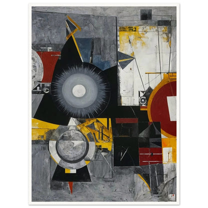 An abstract painting featuring geometric shapes, circles, and lines in a dynamic composition with a mix of gray, black, red, and yellow hues.