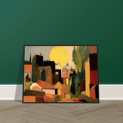 A stylized village landscape featuring geometric houses, tall trees, and a large golden sun rising or setting behind the rooftops in warm earthy tones.
