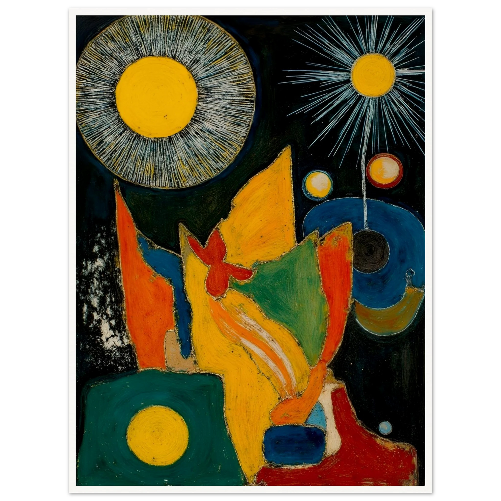 Golden sunbursts shine above vivid red, green, blue, and orange forms on a dark background.