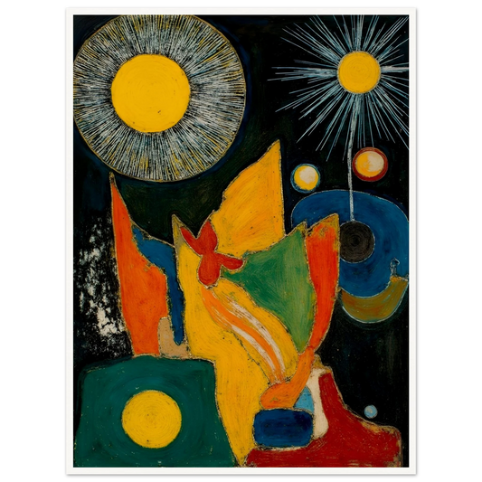 Golden sunbursts shine above vivid red, green, blue, and orange forms on a dark background.