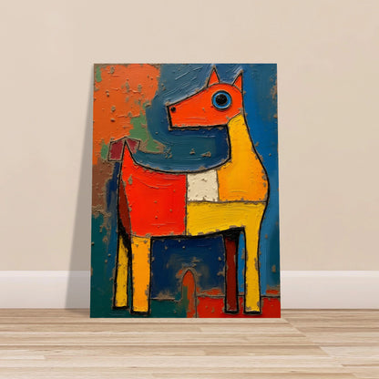 A bold, textured painting of a stylized horse in bright red, yellow, and blue tones, radiating playful and untamed energy.