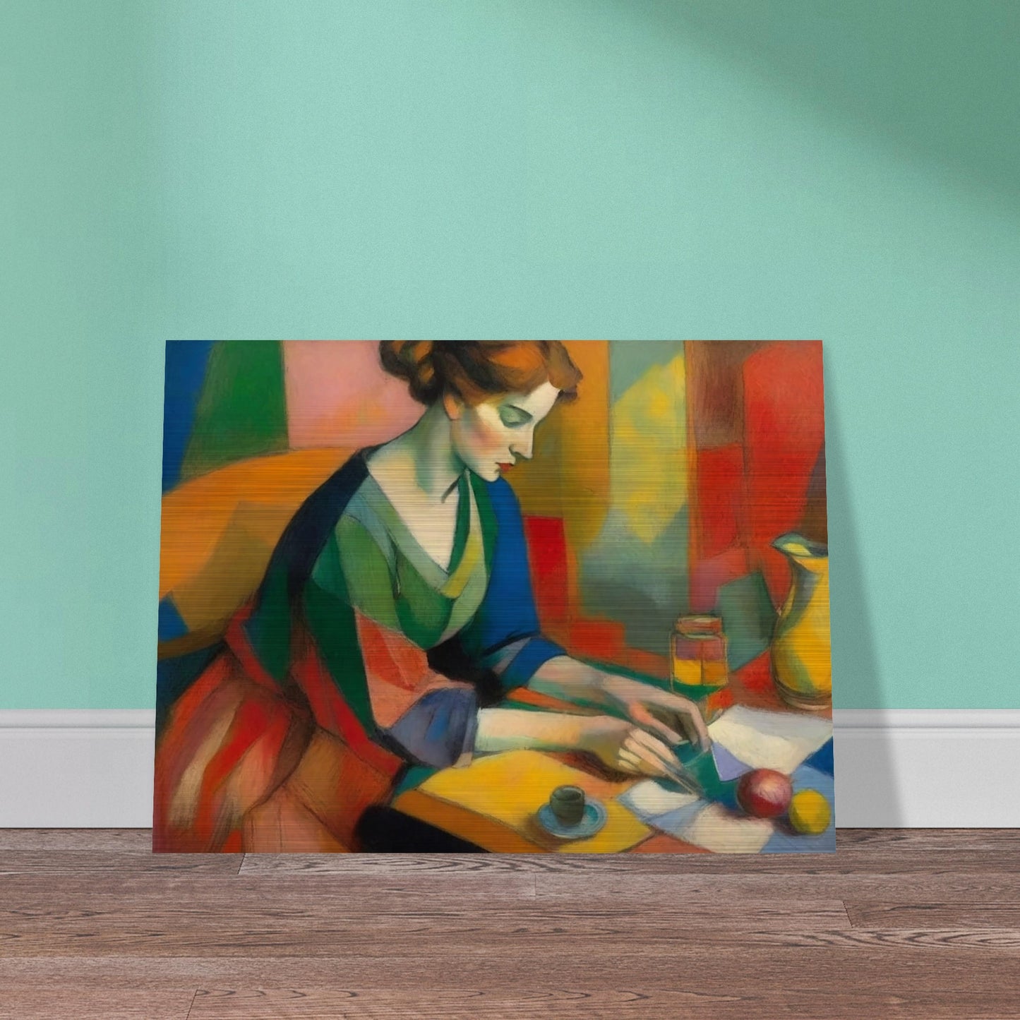 A vibrant painting depicting a woman in a colorful dress sitting at a table, engaged in writing or reading. The background features a mosaic of various hues, enhancing the vivid and dynamic atmosphere of the scene.