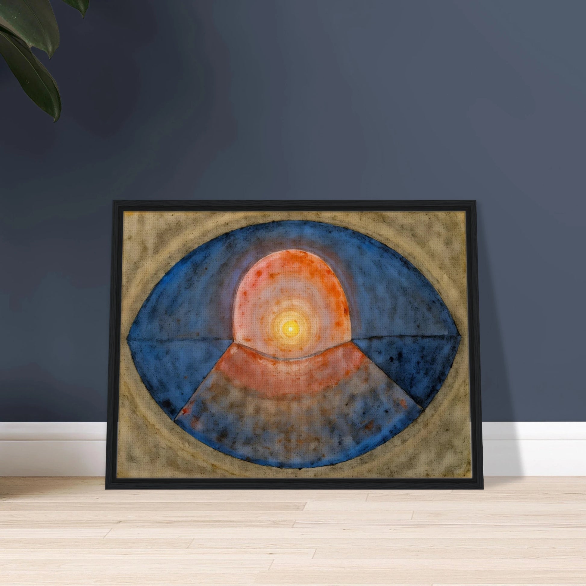 A symbolic abstract painting featuring concentric geometric forms resembling an eye or portal. Deep blue arcs surround a glowing golden center, creating a meditative composition of balance, light, and contemplation