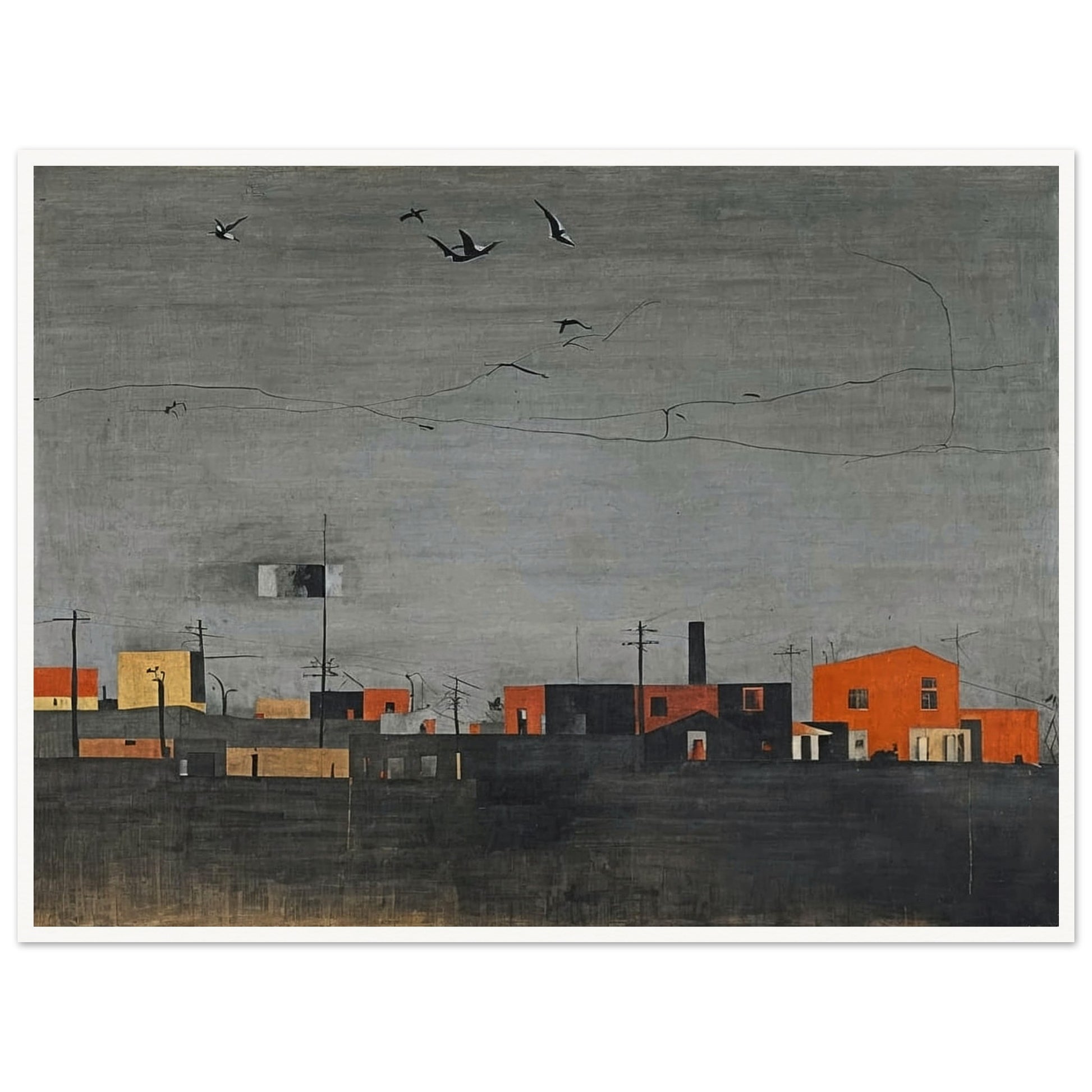 A muted, minimalist townscape with orange and black buildings under a gray sky. Birds are flying overhead, adding a sense of quiet desolation.