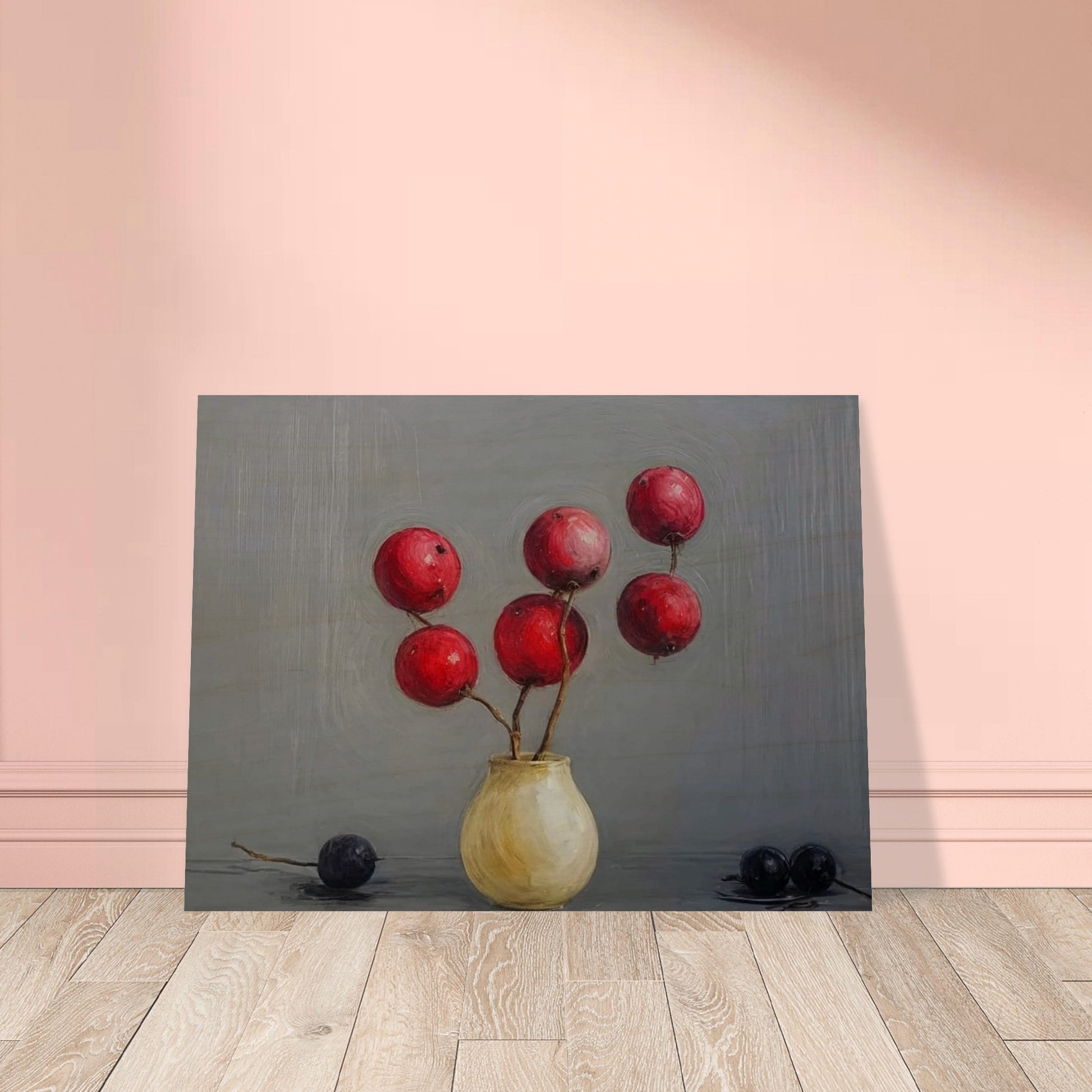 A minimalist still life painting featuring red berries arranged in a small, round vase, set against a soft gray background, with two dark berries resting on the table.