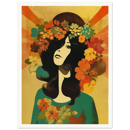 Stylized portrait of a woman with dark hair adorned with a crown of vibrant flowers against a warm, golden background.