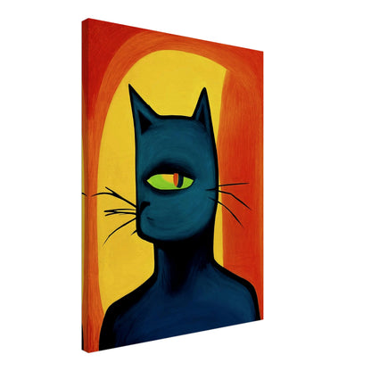 A bold, artistic depiction of a black cat with a single green eye, set against a vibrant orange and yellow abstract background.