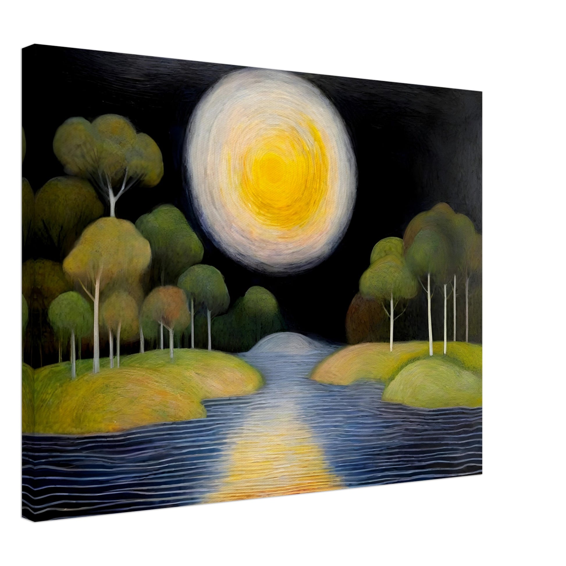 A dreamlike night scene featuring a glowing golden moon over a calm river, surrounded by lush green trees on rolling islands, reflecting a soft celestial light.