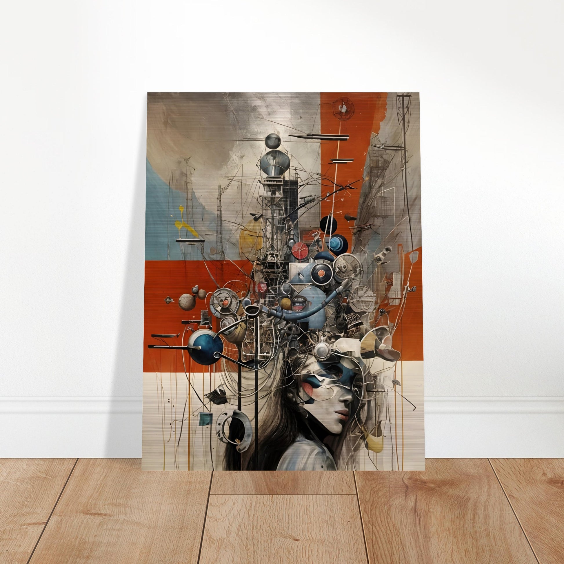 A surreal cybernetic composition featuring a woman's face partially obscured by an intricate network of mechanical parts, wires, and futuristic elements in a dystopian landscape.