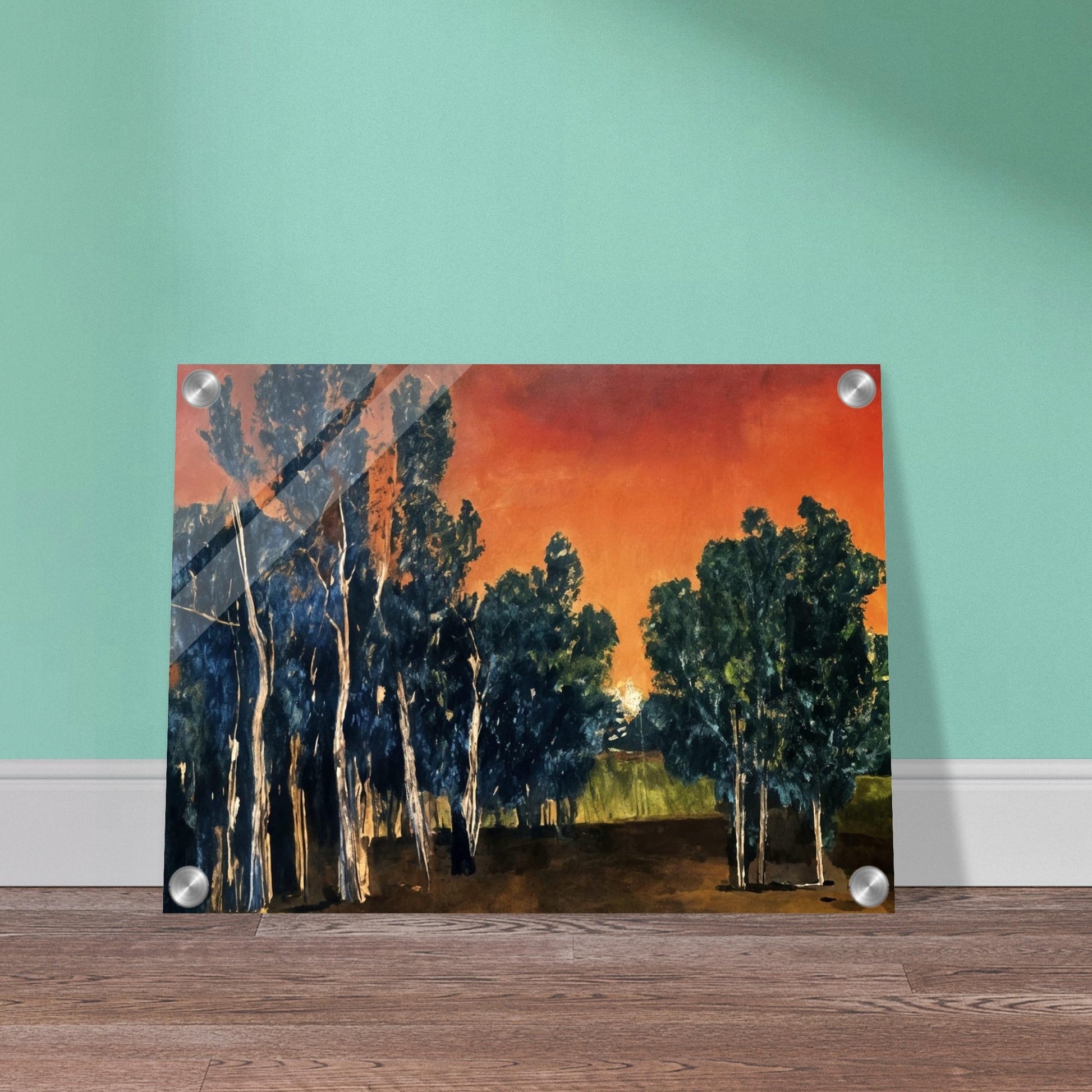 Painting of tall trees silhouetted against a vivid crimson and orange sunset, with deep green foliage and earthy tones.